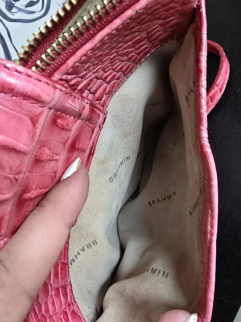 Brahmin Croc-Embossed Coral Pink Crossbody with Gold Hardware